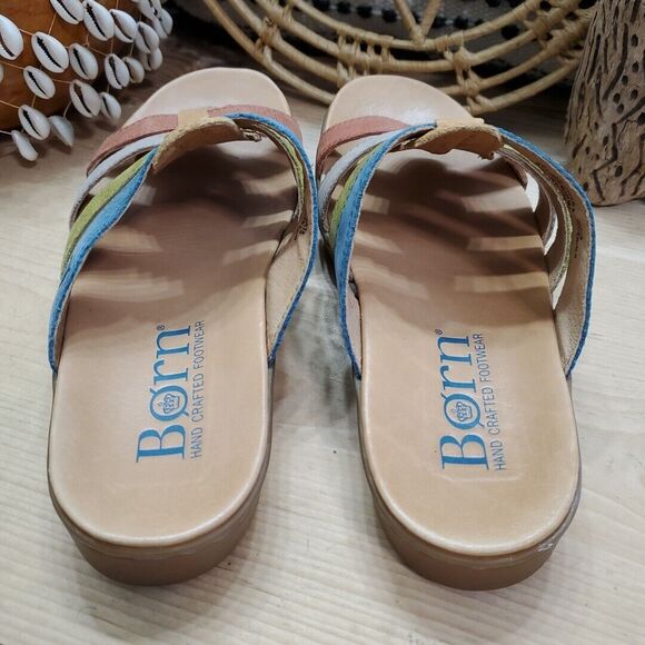 EUC Born Womens 8M Lynae Slip On Sandals Strappy Leather Sand Multi Comfort - Picture 10 of 14